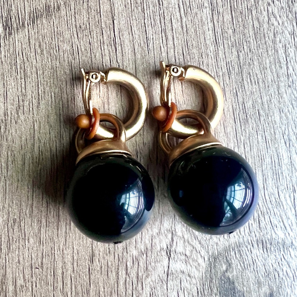 Erwin Pearl Vintage Clip On Drop Ball Black and Gold Hoop Earrings